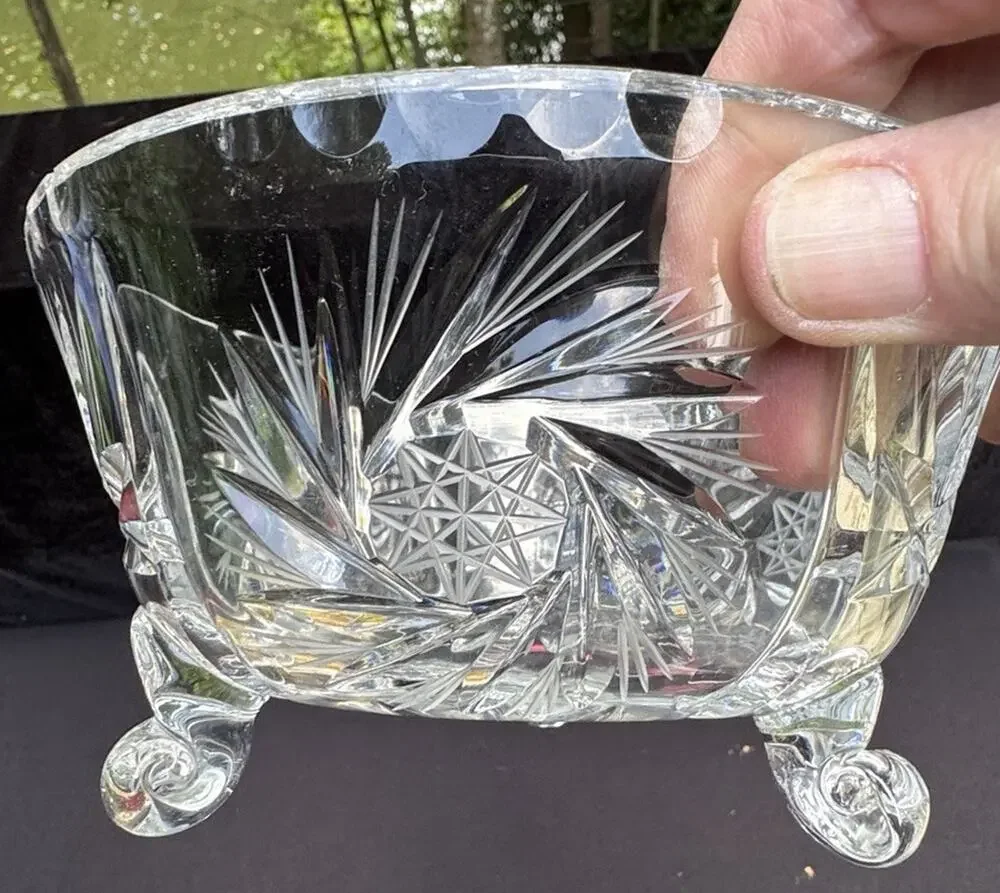 Vtg Crystal Glass Pinwheel Center Star Of David Pattern Footed Serving Bowl -C13